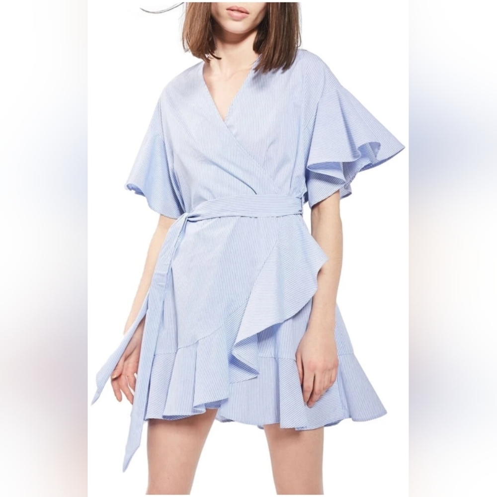PIN STRIPED RUFFLE WRAP MINI DRESS PREPPY SUMMER